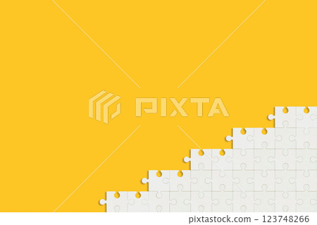 Five white jigsaw puzzle steps connected in two rows on a yellow background 123748266