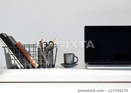 Laptop With Espresso Coffee Cup On Desk. Workspace scene. Laptop With Espresso Coffee Cup On Desk. Workspace scene. 123748270