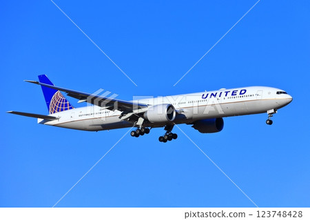 [Chiba Prefecture] A jet plane (United Airlines Boeing 777) landing at Narita Airport 123748428