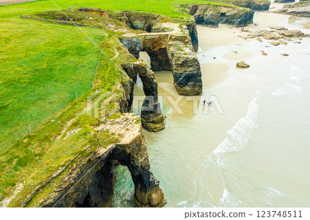 Natural rock arches Cathedrals beach, Playa de las Catedrales at Ribadeo, Galicia, Spain 123748511