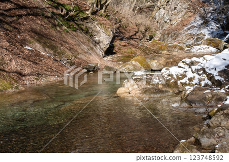 Kinomatagawa River flowing between snow-covered rocks, upstream, Tochigi Prefecture Kinomatagawa River flowing between snow-covered rocks, upstream, Tochigi Prefecture 123748592