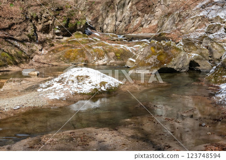 Kinomatagawa River flowing between snow-covered rocks, upstream, Tochigi Prefecture 123748594