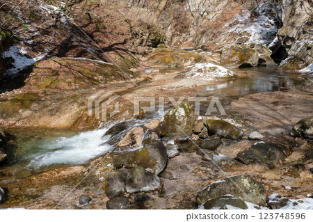 栃木縣上游的木之川在積雪的岩石間流淌 123748596