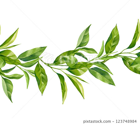 Seamless border with tea branches. Floral garland of tea. Design and decoration of tea packaging, green, black, oolong tea 123748984