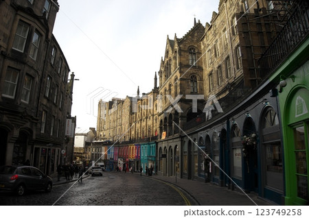 The cobblestone streets and townscape of Edinburgh's Old Town, reminiscent of the Middle Ages The cobblestone streets and townscape of Edinburgh's Old Town, reminiscent of the Middle Ages 123749258