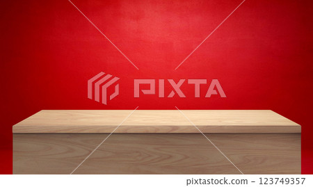 Beautiful empty wooden table, red wall background. 123749357