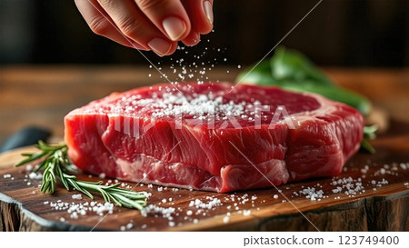 The Art of Seasoning A Culinary Symphony of Premium Beef Preparation in Pristine Detail 123749400