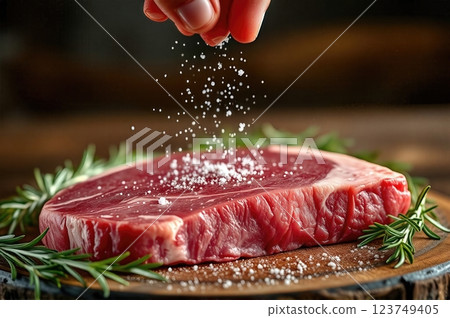 The Art of Seasoning A Culinary Symphony of Premium Beef Preparation in Pristine Detail 123749405