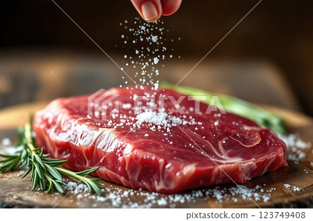 The Art of Seasoning A Culinary Symphony of Premium Beef Preparation in Pristine Detail 123749408
