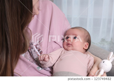 Loving mom and cute newborn baby girl in pink clothes looking at each other. Happy motherhood. Free space for text.  123749482