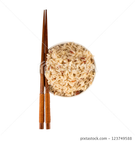 mixed red jasmine brown rice and barley bowl on white chopsticks view top mixed red jasmine brown rice and barley bowl on white chopsticks view top 123749588