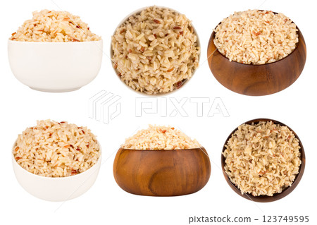mixed red jasmine brown rice and barley bowl wood on white 123749595