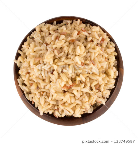 mixed red jasmine brown rice and barley bowl on white view top 123749597