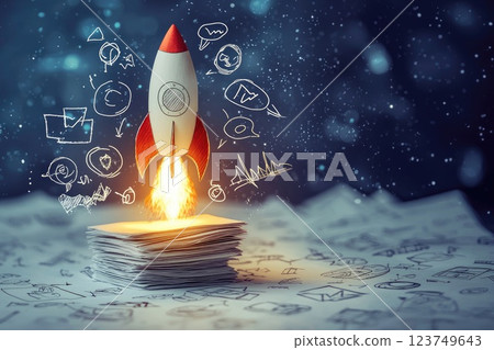 A rocket is on top of a stack of papers with various symbols and words 123749643