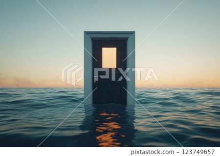Mysterious Open Door Floating Above Calm Ocean Surface at Sunrise Mysterious Open Door Floating Above Calm Ocean Surface at Sunrise 123749657