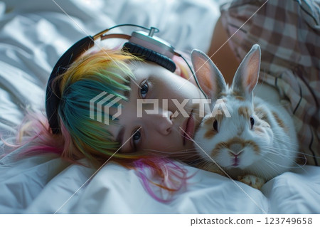 Tranquil Teenage Girl with Pet Rabbit Listening to Music in Bed 123749658
