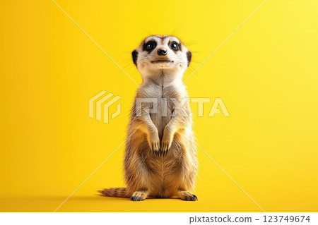 A cute little animal with a big nose and big eyes stands on a yellow background 123749674