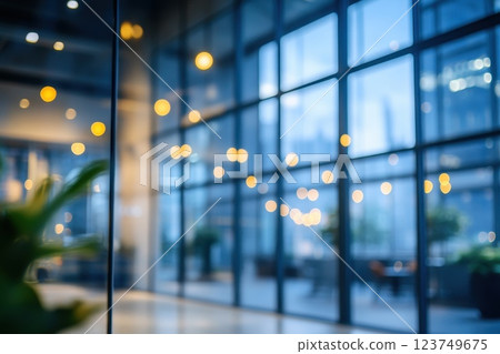 Elegant Modern Office Interior with Soft Lighting and Large Glass Windows in Urban Setting 123749675