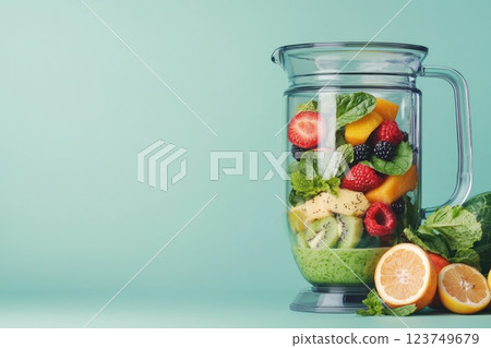 Colorful Fruit and Greens in a Blender Colorful Fruit and Greens in a Blender 123749679