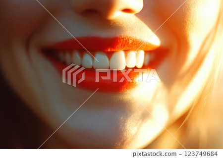 Close-up of a Bright Smiling Woman with Glossy Red Lips and Soft Natural Light Close-up of a Bright Smiling Woman with Glossy Red Lips and Soft Natural Light 123749684