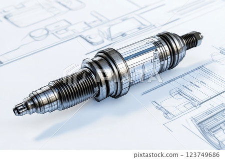 A close up of a spark plug with a drawing of a car engine in the background 123749686