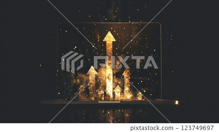 A laptop screen shows a series of three arrows pointing upwards 123749697
