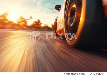 Low Angle View of Race Car on Track 123749698