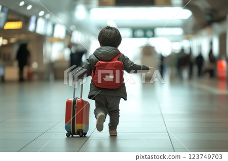 Young Child with Red Backpack and Luggage Walking in Busy Airport Terminal 123749703