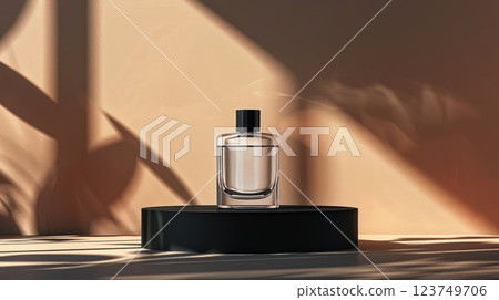 A bottle of cologne is sitting on a black pedestal A bottle of cologne is sitting on a black pedestal 123749706