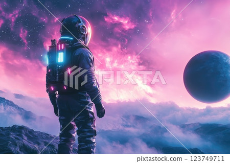 A man in a spacesuit stands on a mountain looking out at the sky A man in a spacesuit stands on a mountain looking out at the sky 123749711