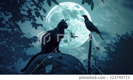 A black cat is sitting on a rock next to a crow 123749713