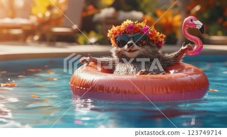 A miniature sloth looking stylish in sunglasses and a bright flower crown, float on an inflatable flamingo in a pool, The autumn atmosphere 123749714