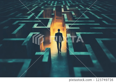 A man is walking through a maze with a light shining on him A man is walking through a maze with a light shining on him 123749716