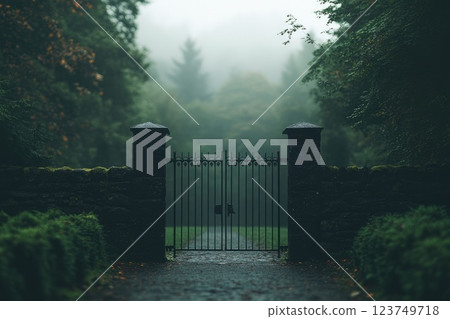 Sinister Cemetery Gate Surrounded by Weathered Stones Sinister Cemetery Gate Surrounded by Weathered Stones 123749718