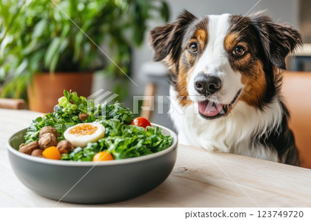 Happy Dog Enjoying a Fresh Meal in a Bowl Happy Dog Enjoying a Fresh Meal in a Bowl 123749720