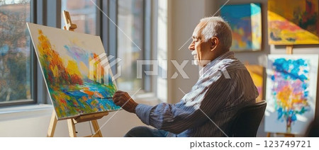 Senior Man Painting a Vibrant Landscape in Natural Light Senior Man Painting a Vibrant Landscape in Natural Light 123749721