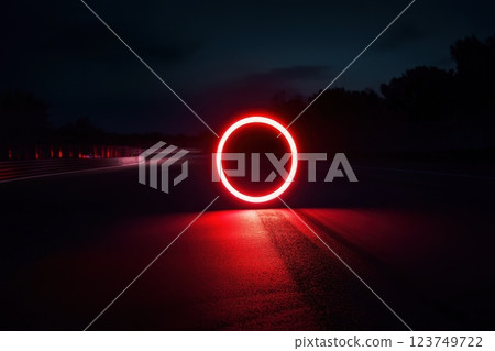 A red circle is lit up on a dark road A red circle is lit up on a dark road 123749722