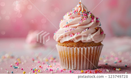 A cupcake with pink frosting and sprinkles on top A cupcake with pink frosting and sprinkles on top 123749728