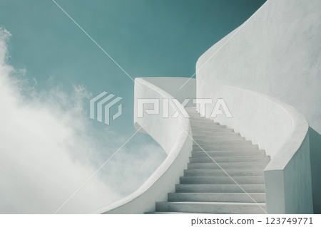 Winding Staircase Ascending Into Clouds with Clear Sky and Soft White Features Winding Staircase Ascending Into Clouds with Clear Sky and Soft White Features 123749771