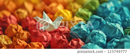 Origami Dove Symbolizing Peace and Opportunities Among Colorful Crumpled Paper Balls, Dare to be different, Freedom concept 123749777