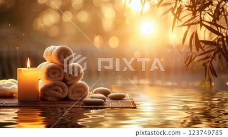 A candle and some towels are on a table next to a body of water A candle and some towels are on a table next to a body of water 123749785
