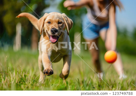 Joyful Moment of Puppy and Owner Playing Fetch in the Park 123749788