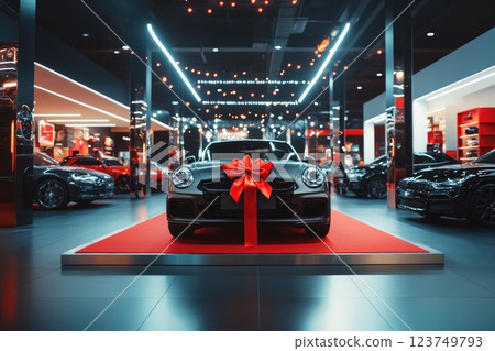 Luxury Car Promotion Event, New Vehicle on Display in Showroom with Red Ribbon and Bright Spotlights 123749793