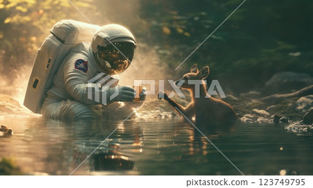 Astronaut Enjoying Sake by Hot Spring in Japan Astronaut Enjoying Sake by Hot Spring in Japan 123749795