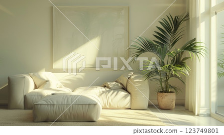 A living room with a white couch and a large potted plant A living room with a white couch and a large potted plant 123749801