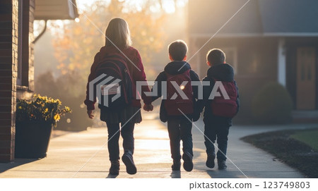 Three children are walking down a sidewalk, each carrying a backpack Three children are walking down a sidewalk, each carrying a backpack 123749803