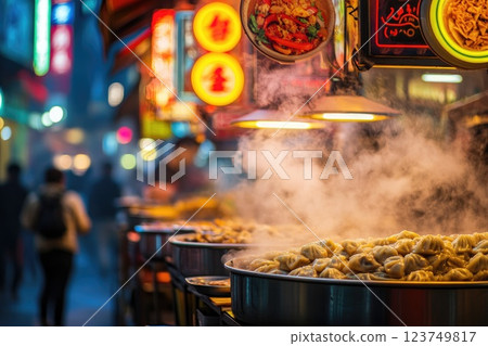 Bustling Street Food Market with Neon Signs and Global Delicacies, People Walking with Motion Blu 123749817