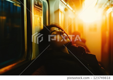 Young woman resting in subway during golden hour sunlight glow Young woman resting in subway during golden hour sunlight glow 123749818