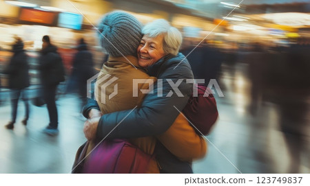 Two women hug in a busy airport. The other woman is smiling Two women hug in a busy airport. The other woman is smiling 123749837