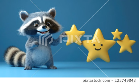 Happy Raccoon Holding Star, Satisfaction Review Concept with Smiling Icon and Golden Stars on Blue Gradient Background 123749848